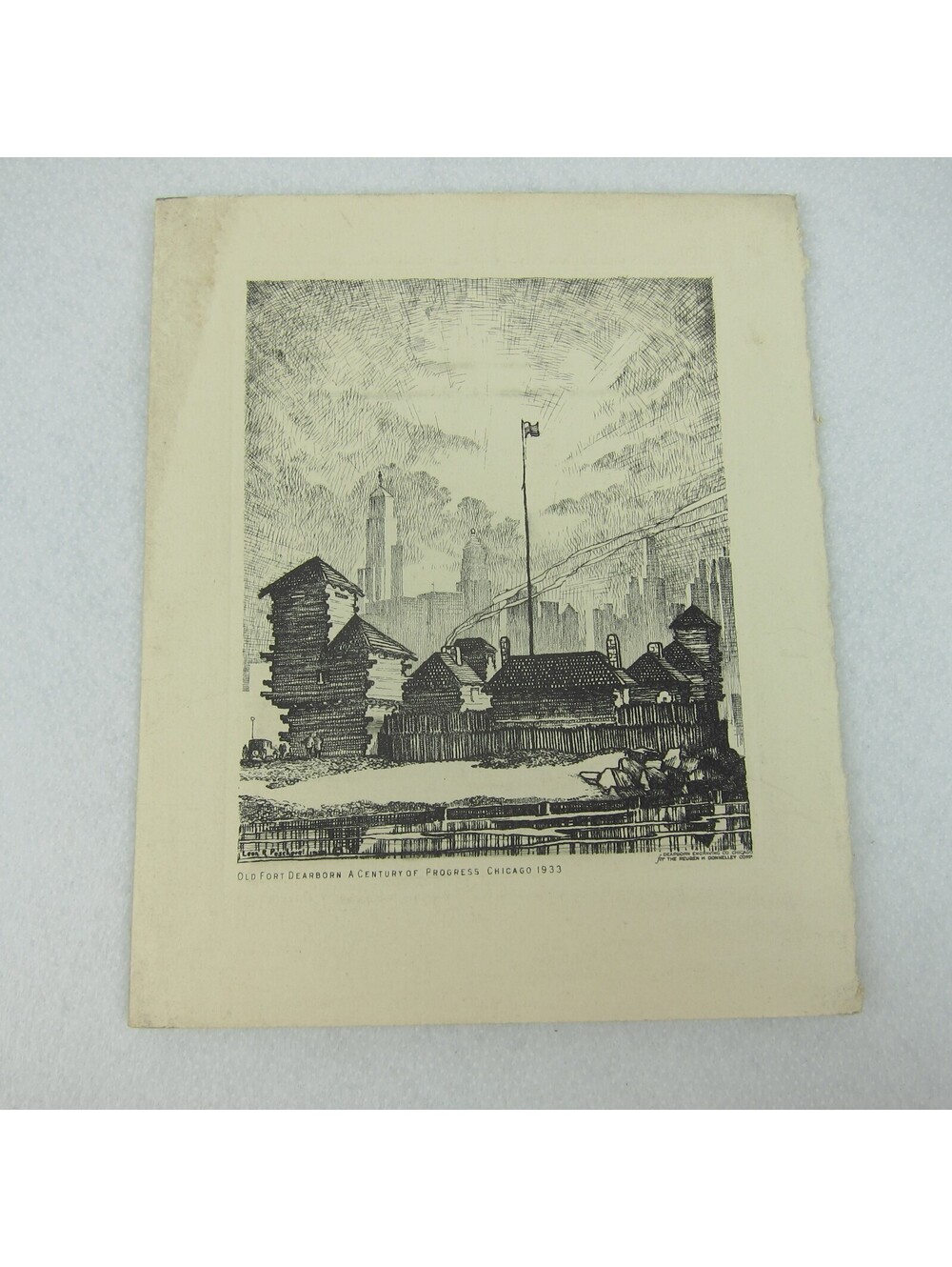Leon Rene Pescheret Etching Vintage 1933 Chicago World's Fair Old Fort Dearborn